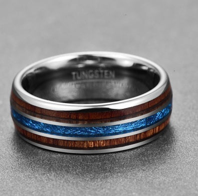 Wedding Band- Hawaiian Koa Wood & Blue Vermiculite Tungsten – Polished Men’s Ring