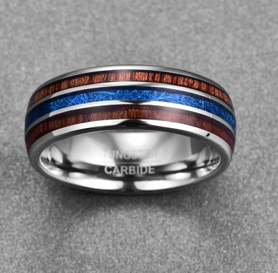 Wedding Band- Hawaiian Koa Wood & Blue Vermiculite Tungsten – Polished Men’s Ring